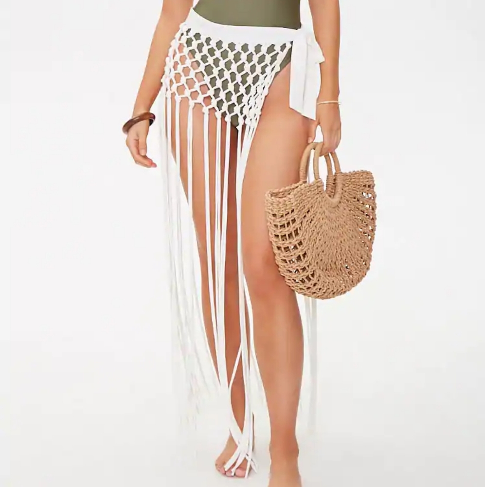 White Fringe Sarong swim cover up